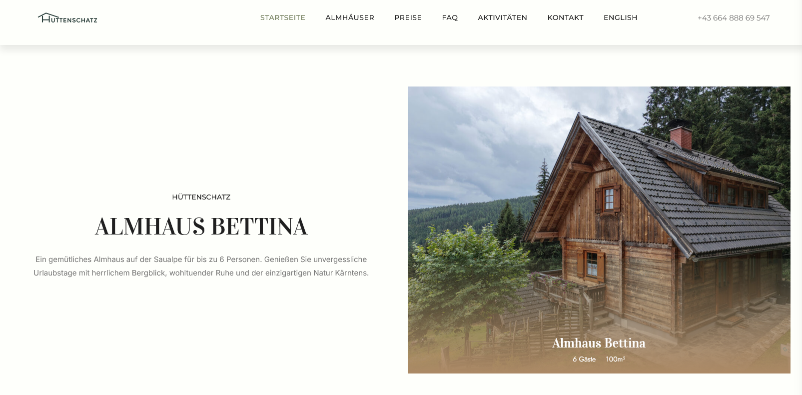 Webdesign für Hüttenschatz – Präsentation des Almhaus Bettina auf der Saualpe