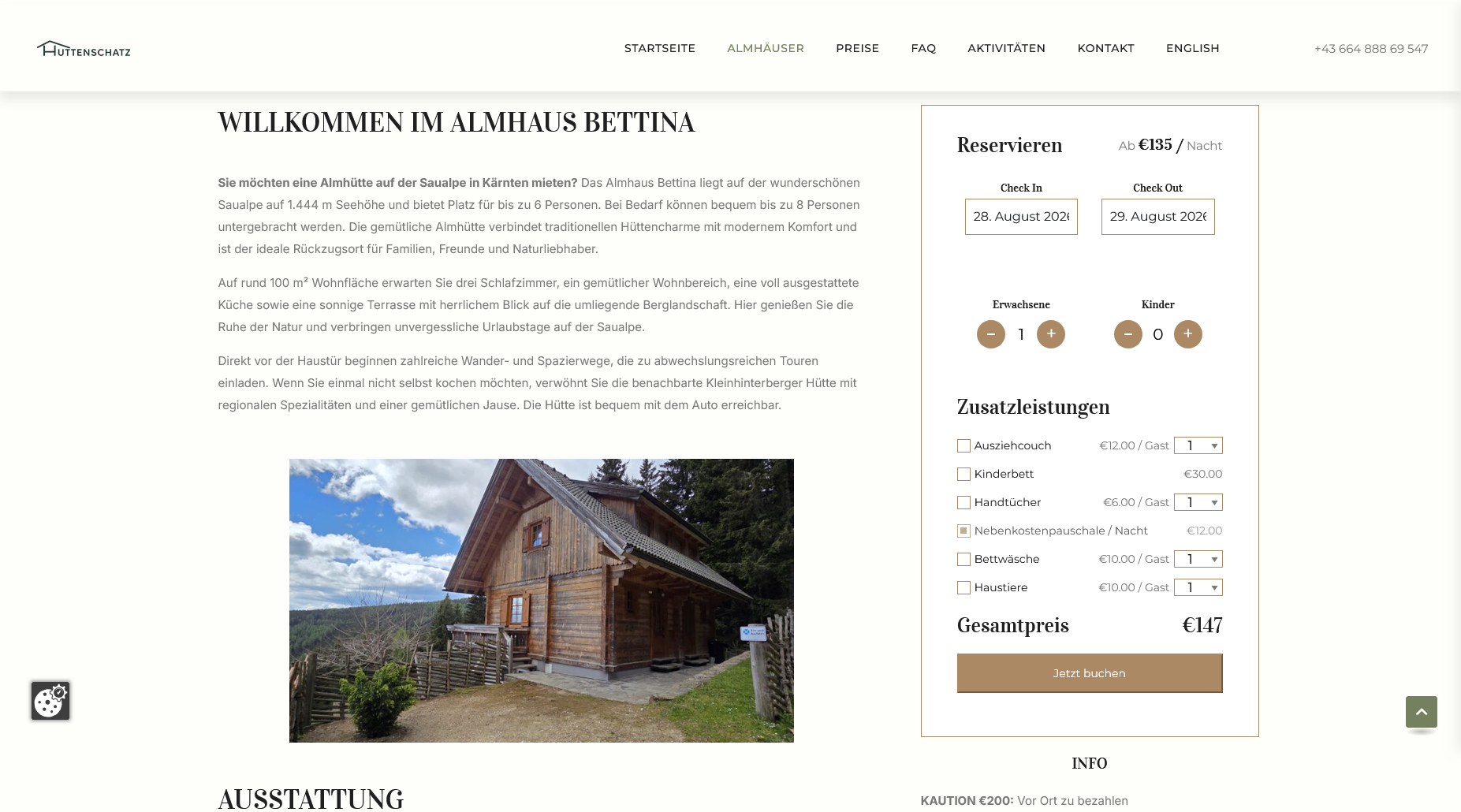 Online-Buchung für Almhaus Bettina mit Verfügbarkeit, Zusatzleistungen und Preisberechnung